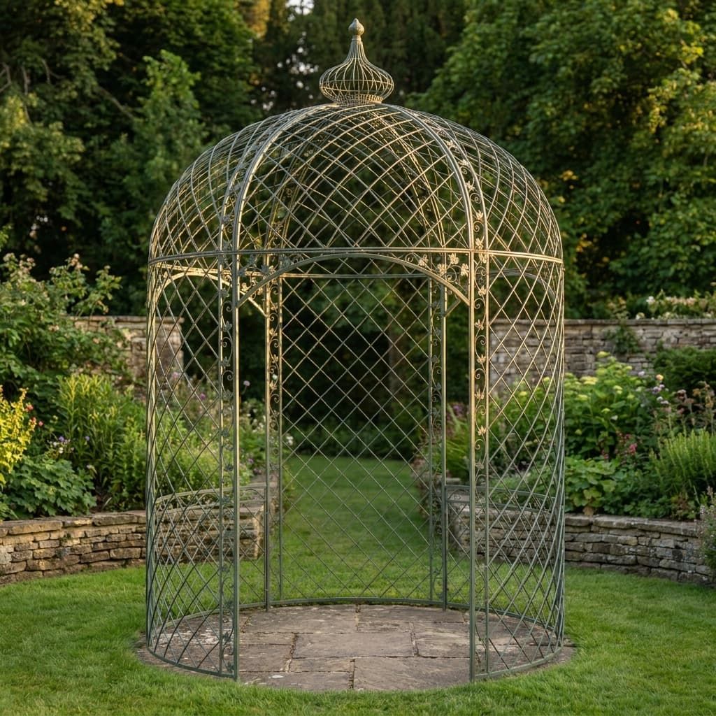 The Chatsworth Domed Wrought Iron Garden Gazebo in an Antique Green Finish on a Patio in a Low Walled Garden - Digital Illustration 