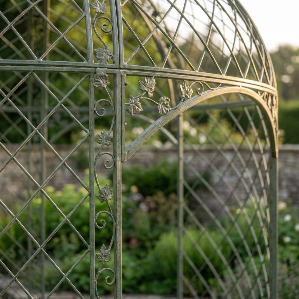The Chatsworth Domed Wrought Iron Garden Gazebo in an Antique Green Finish with a Close up of an Archway - Digital Illustration 
