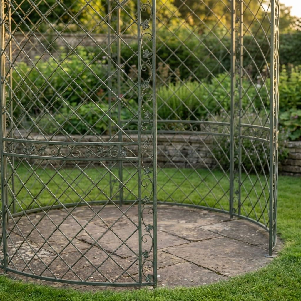The Chatsworth Domed Wrought Iron Garden Gazebo in an Antique Green Finish with a Close up of the Base - Digital Illustration 