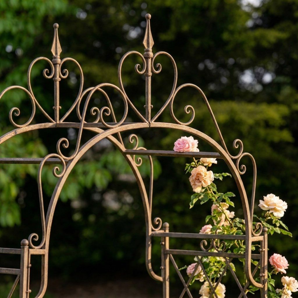 The A Gothic Wrought Iron Rose and Climbing Plant Archway in a Decorative Low Walled Garden Showing a Close up of the Top of the Archway and Finial- Digital Illustration 