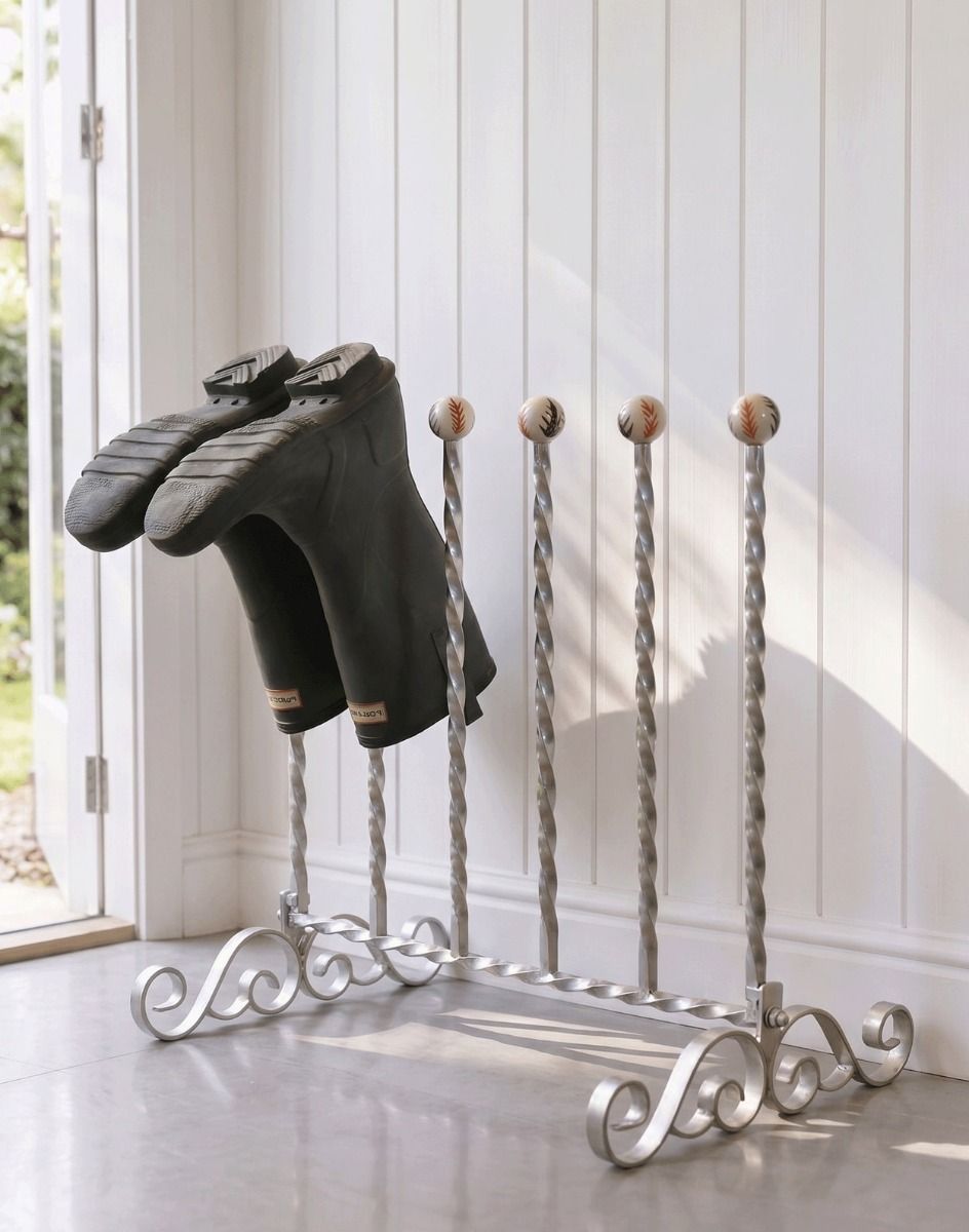The Adelbury Silver 3 Pair Welly Rack Placed in a Sunny Cottage Porch Entrance - Digital Illustration 