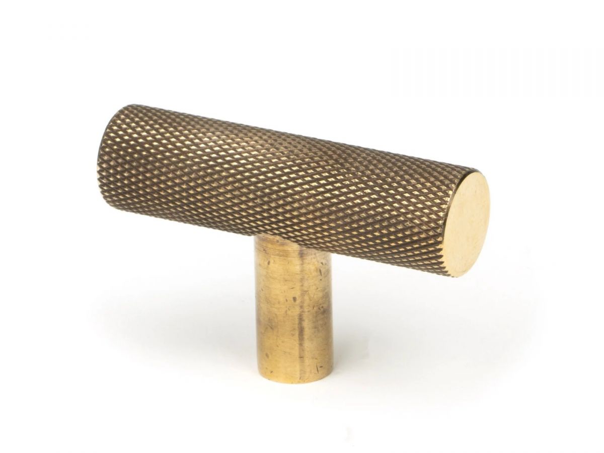 The Aged Brass "Astor" Knurled Industrial T-Bar Cabinet Fitting Shown on a White Background at an Angle