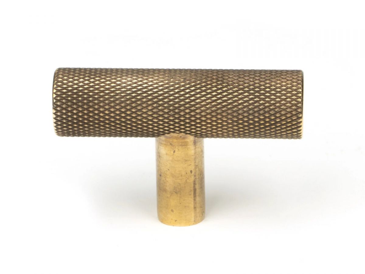 The Aged Brass "Astor" Knurled Industrial T-Bar Cabinet Fitting Shown on a White Background Front on
