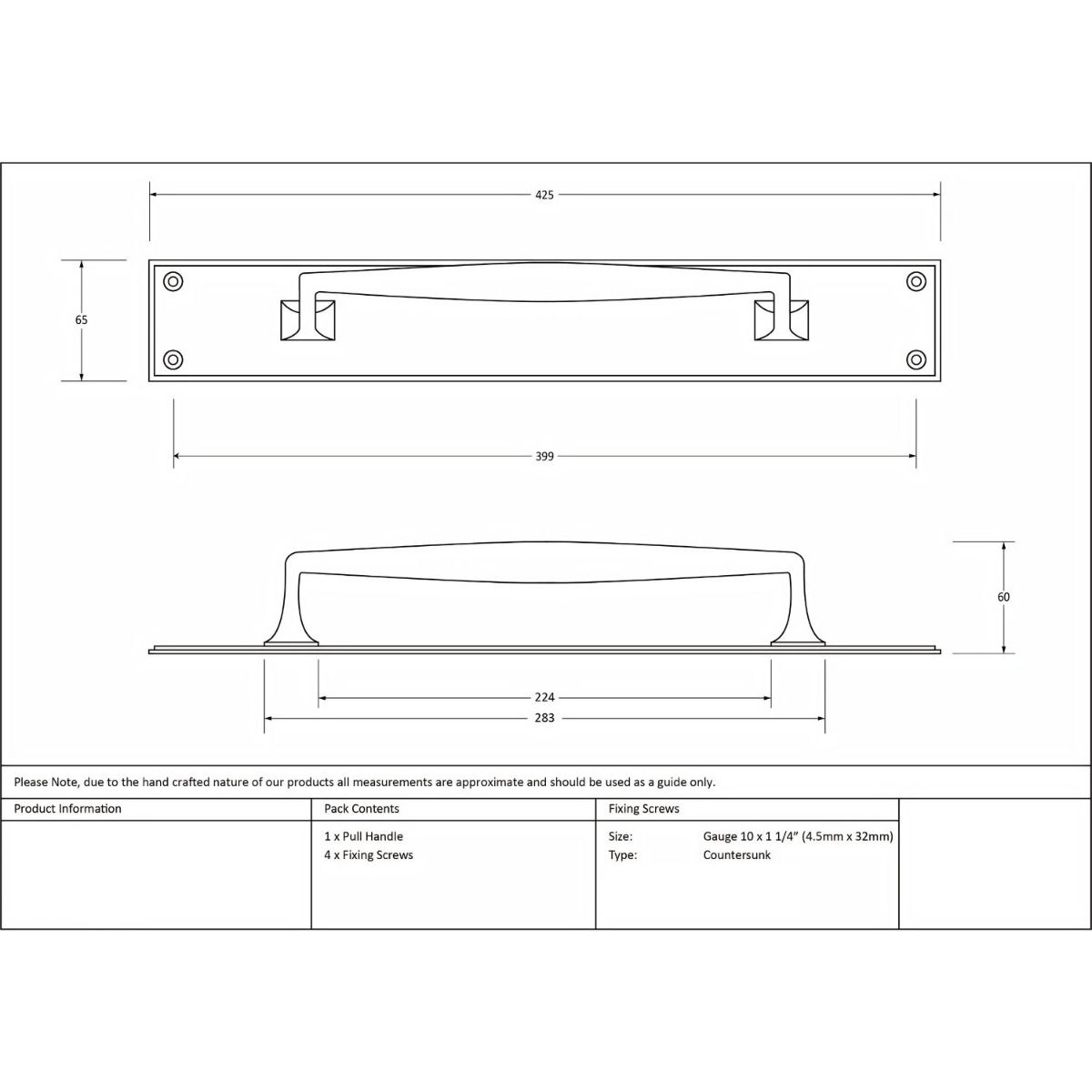 The Aged Brass 425mm Swelled Grip Door Handle with Backplate Technical Drawing