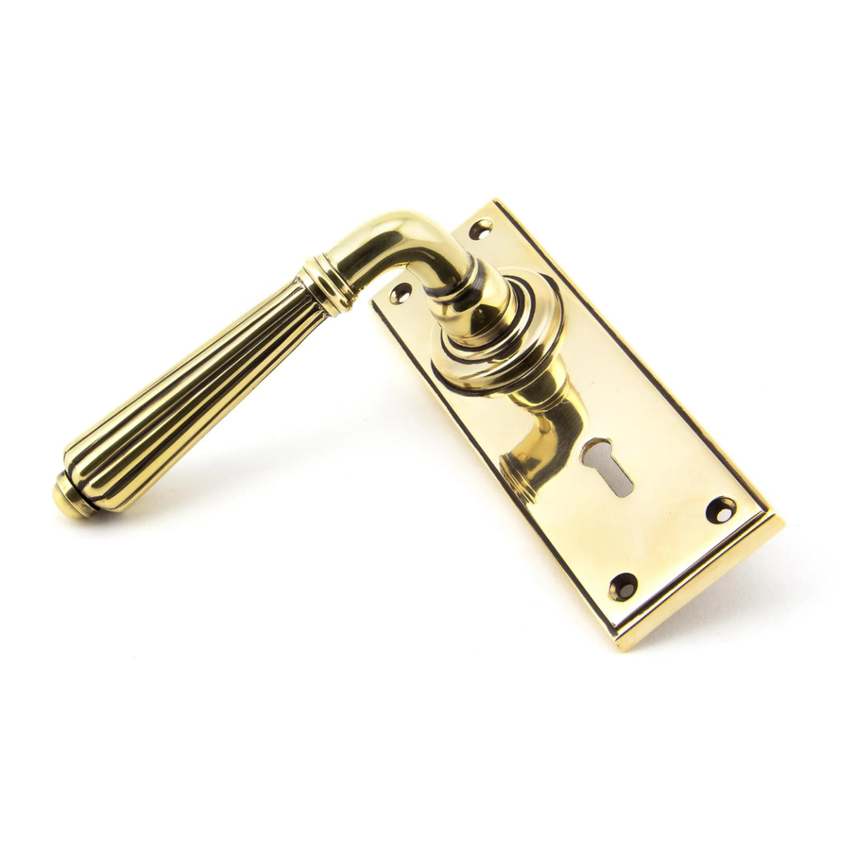 The Aged Brass Classic Fluted Period Lever Lock Suite Architectural Door Handle Set Shown on its Side