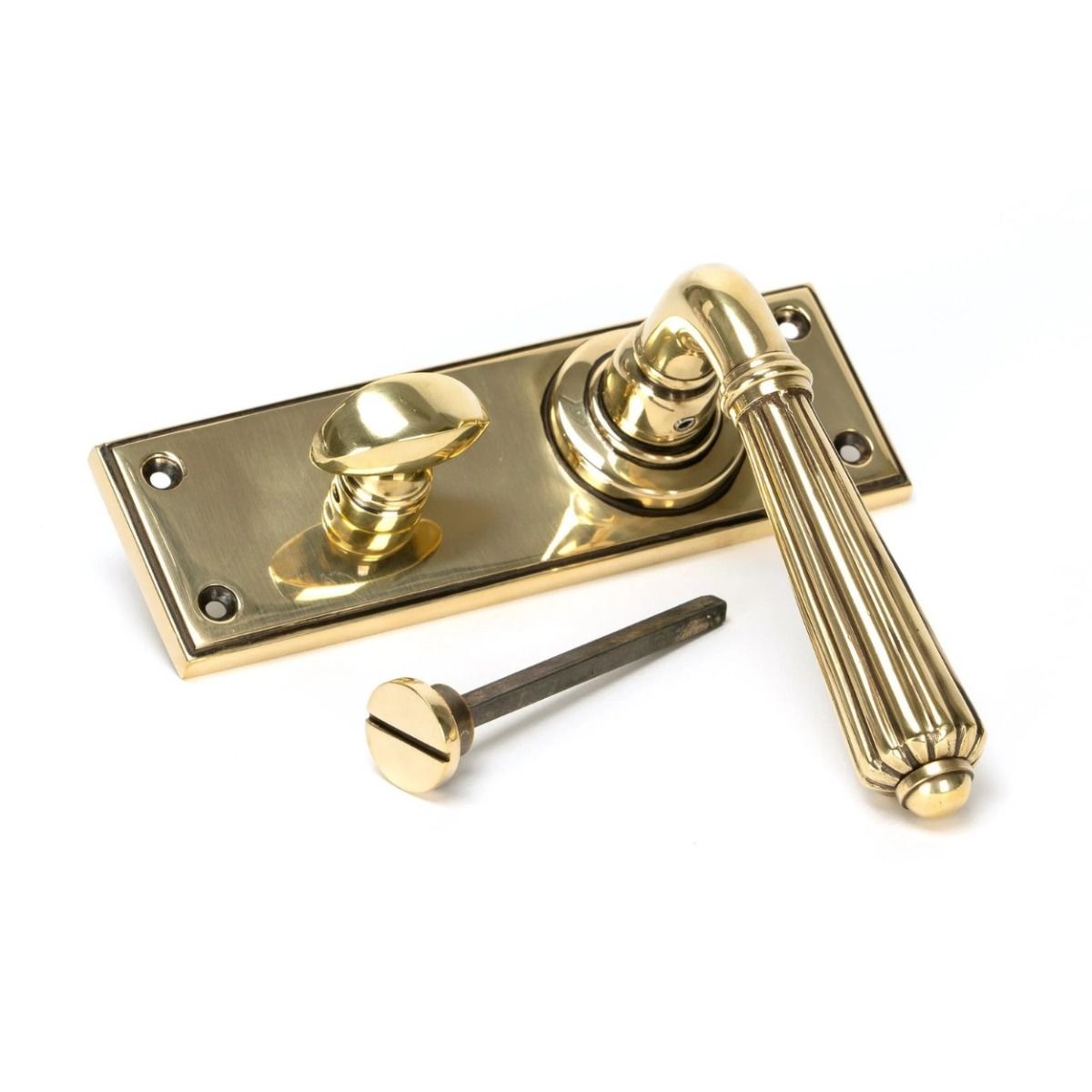 The Aged Brass Classic Fluted Period Privacy Suite Bathroom Lever Handles shown on its Side