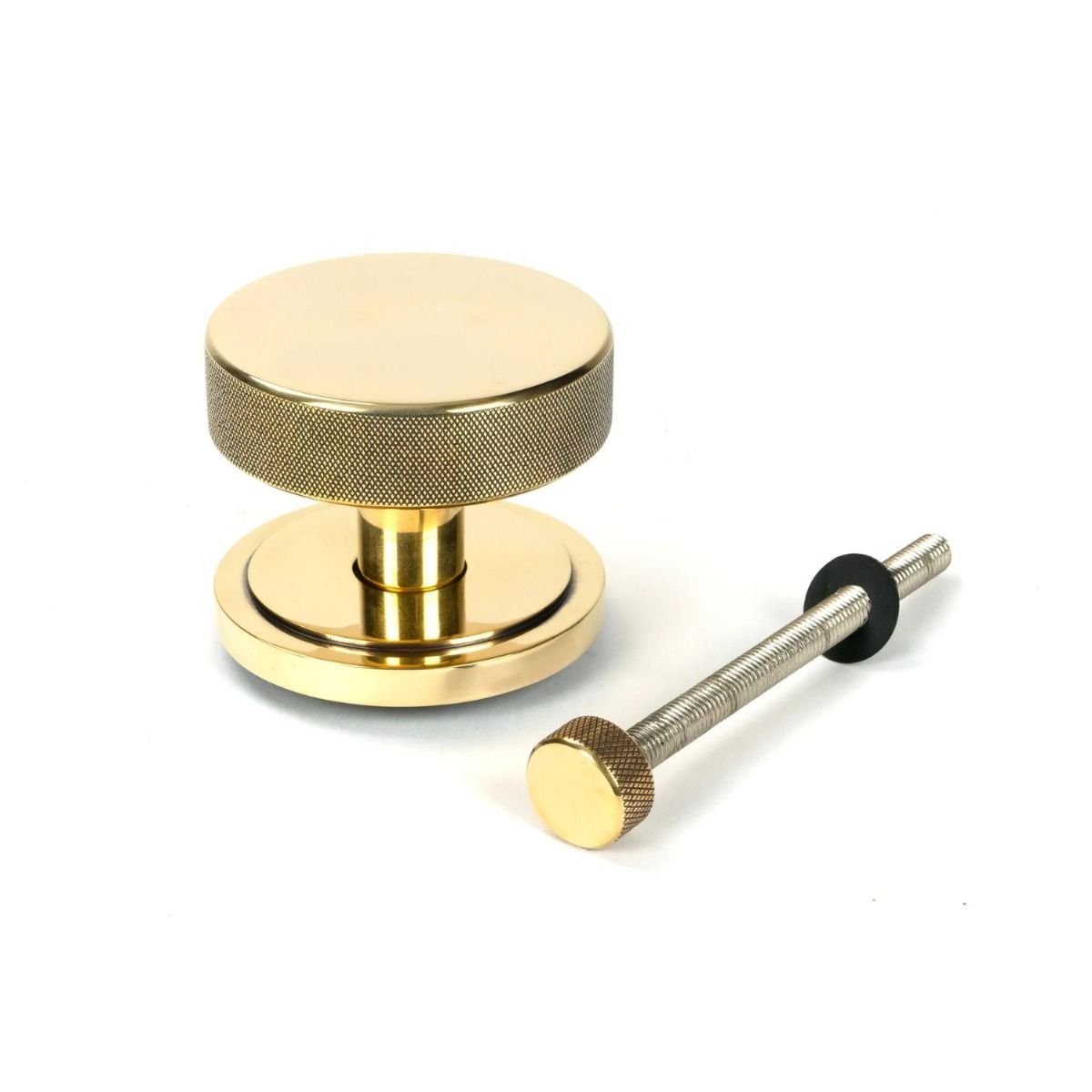 The Aged Brass Knurled Centre Door Knob on Art Deco Rose with Bolt Fitting 