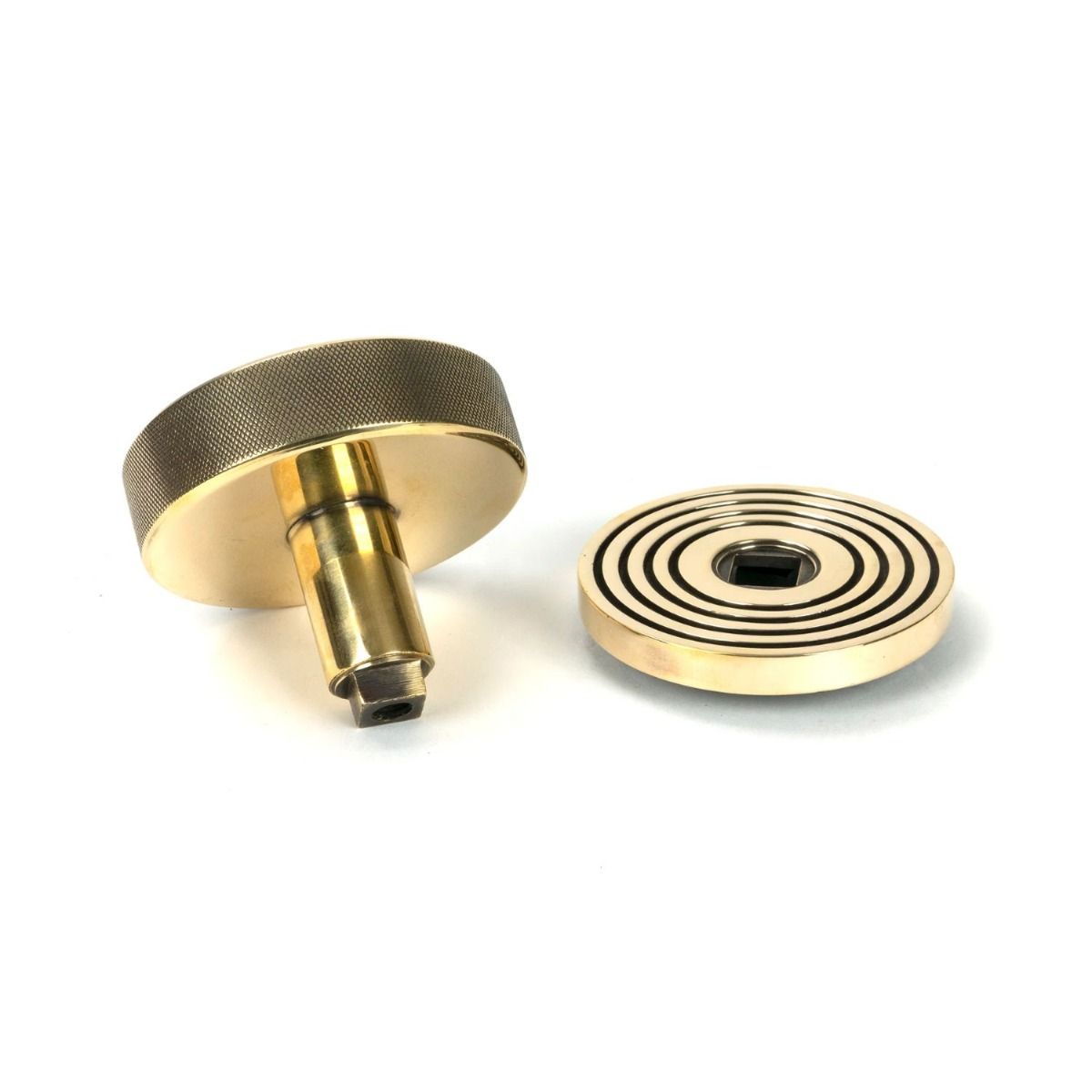 The Aged Brass Knurled Centre Door Knob on Beehive Rose Displayed in Separate Sections 