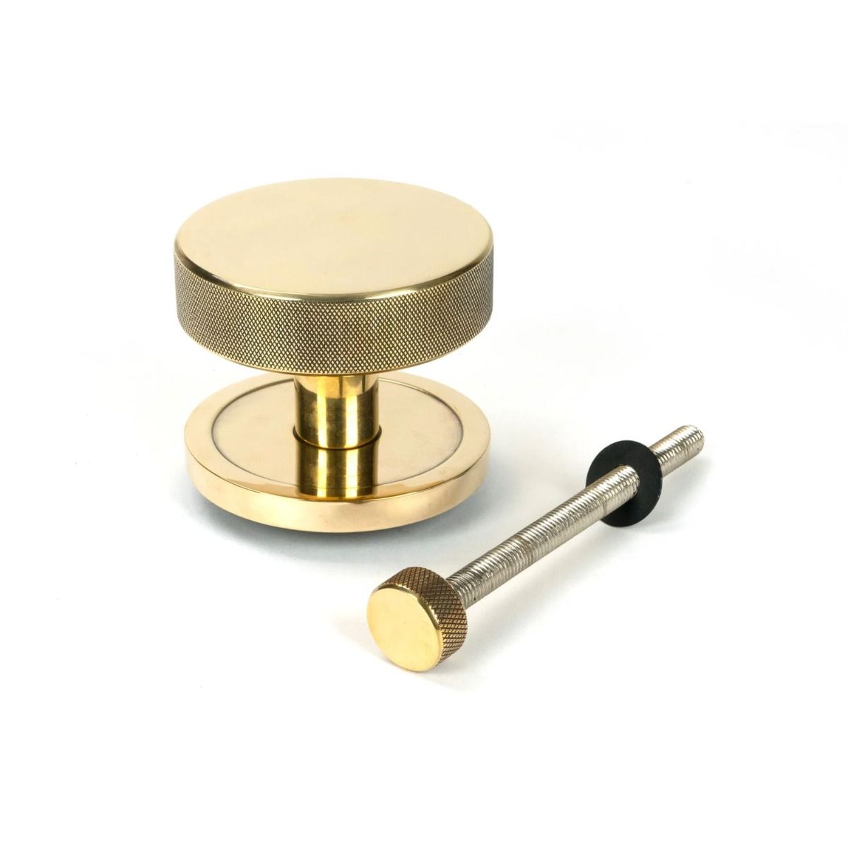 The Aged Brass Knurled Centre Door Knob on Plain Rose with Bolt Fitting
