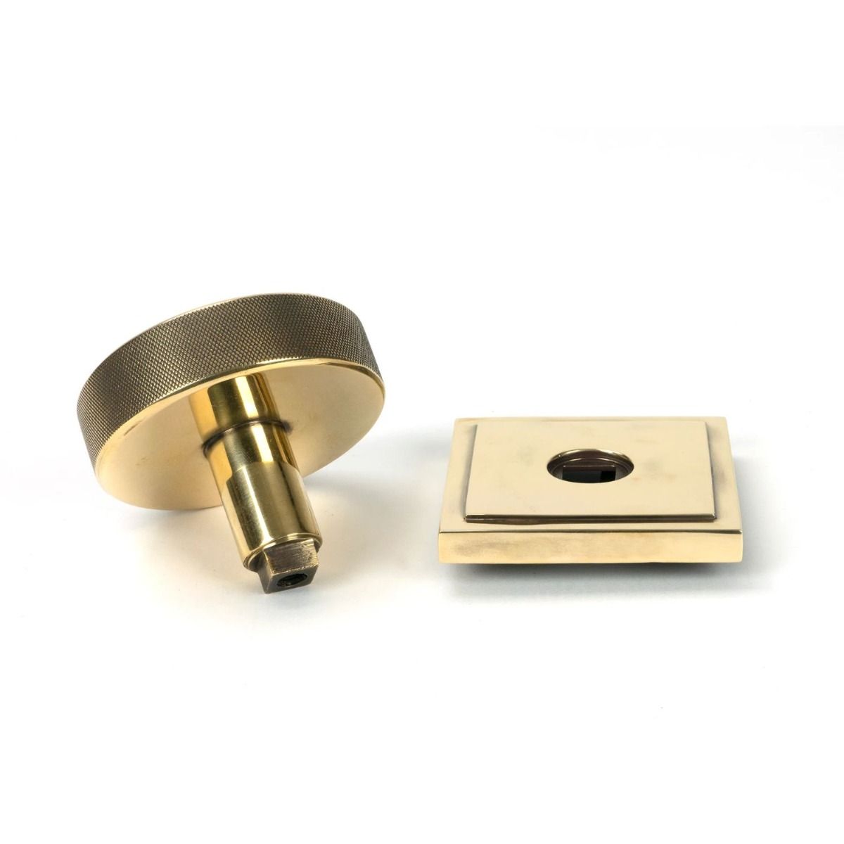 The Aged Brass Knurled Centre Door Knob on Square Rose Displayed in Separate Sections 