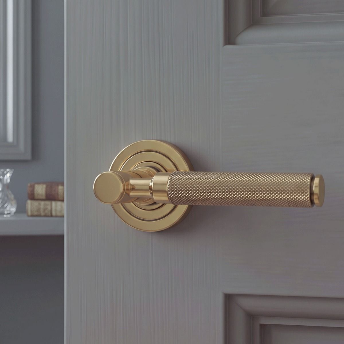 The Aged Brass Knurled Lever on Art Deco Rose Set in a Modern Home Interior on a Grey Door - Digital Illustration 