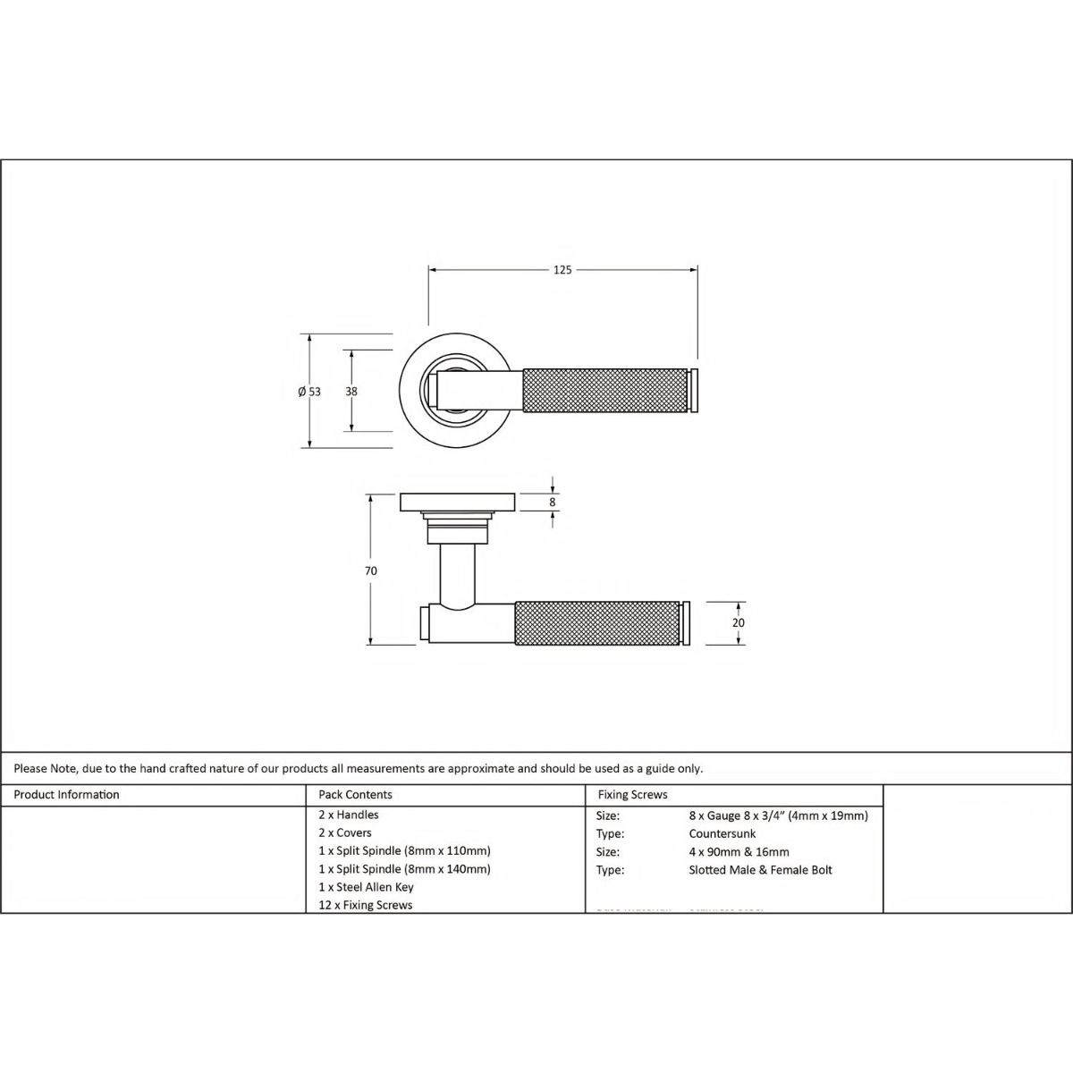 The Aged Brass Knurled Lever on Art Deco Rose Set Technical Drawings and Dimensions 