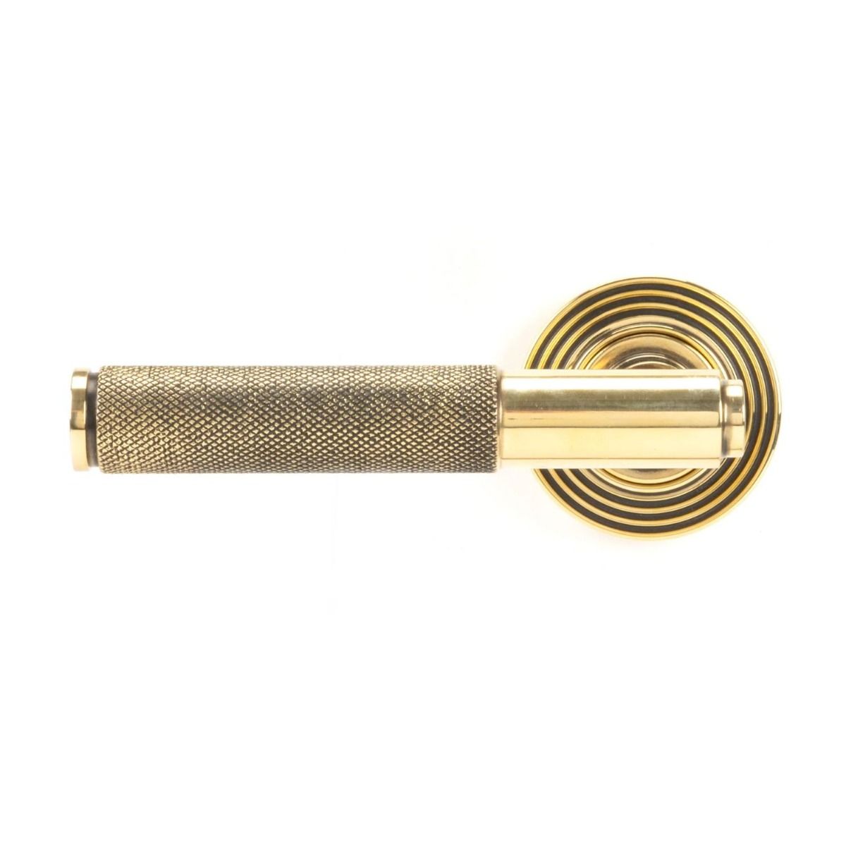 The Aged Brass Knurled Lever on Beehive Rose Set Shown from the Front