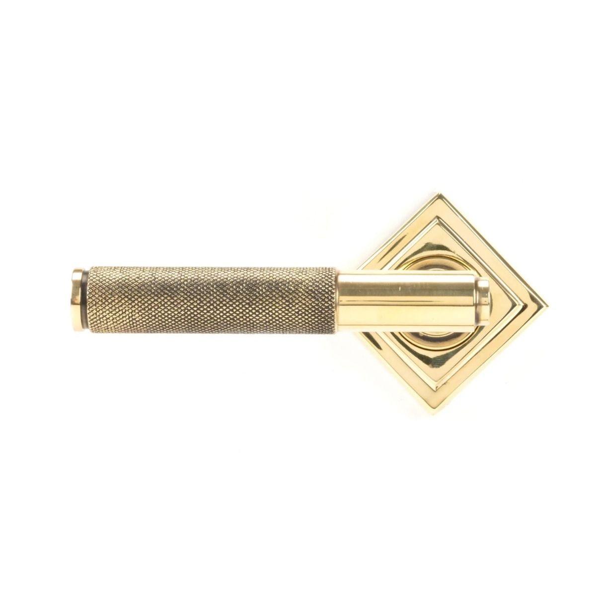 The Aged Brass Knurled Lever on Square Rose Set Shown in a Diamond Orientation