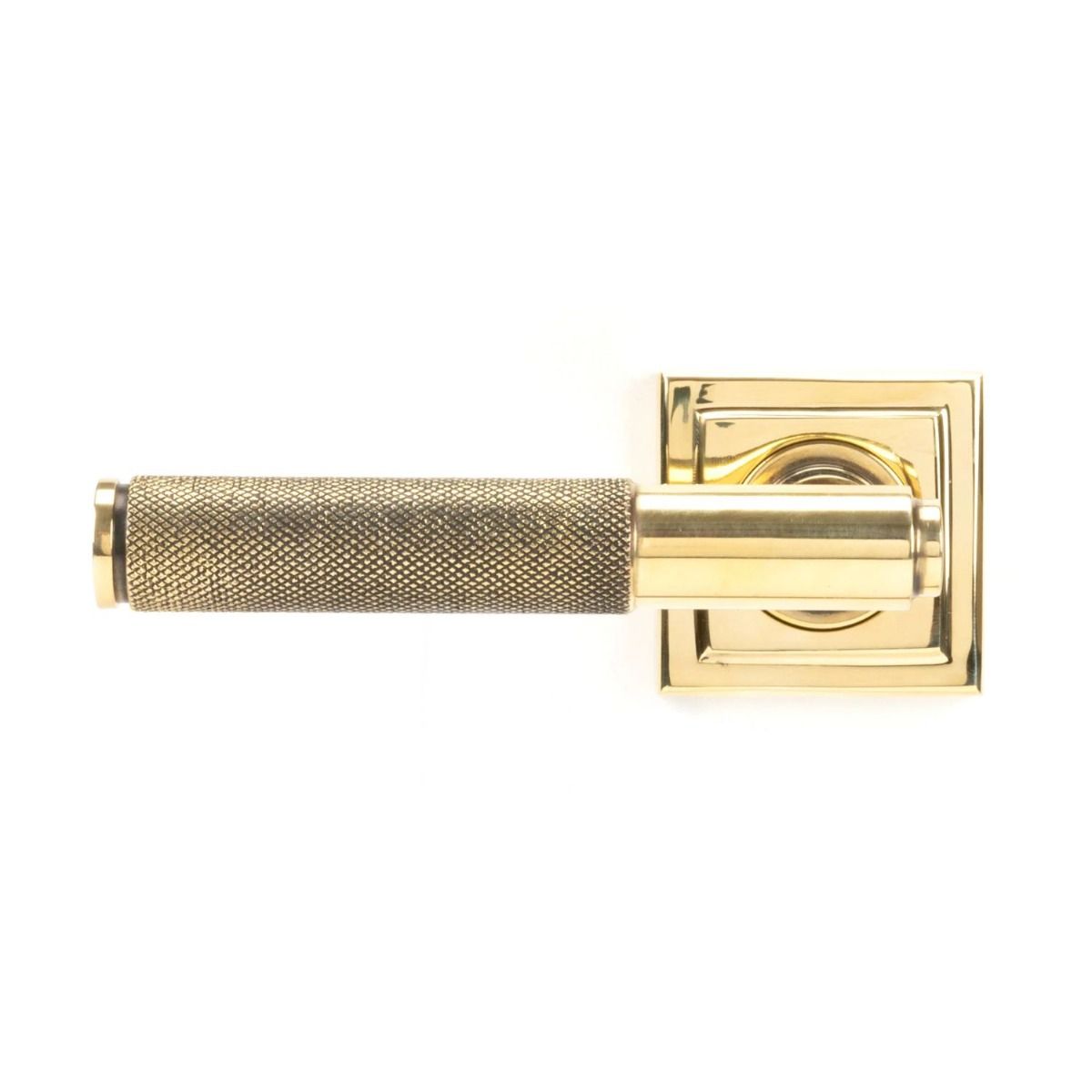 The Aged Brass Knurled Lever on Square Rose Set Shown in a Square Orientation