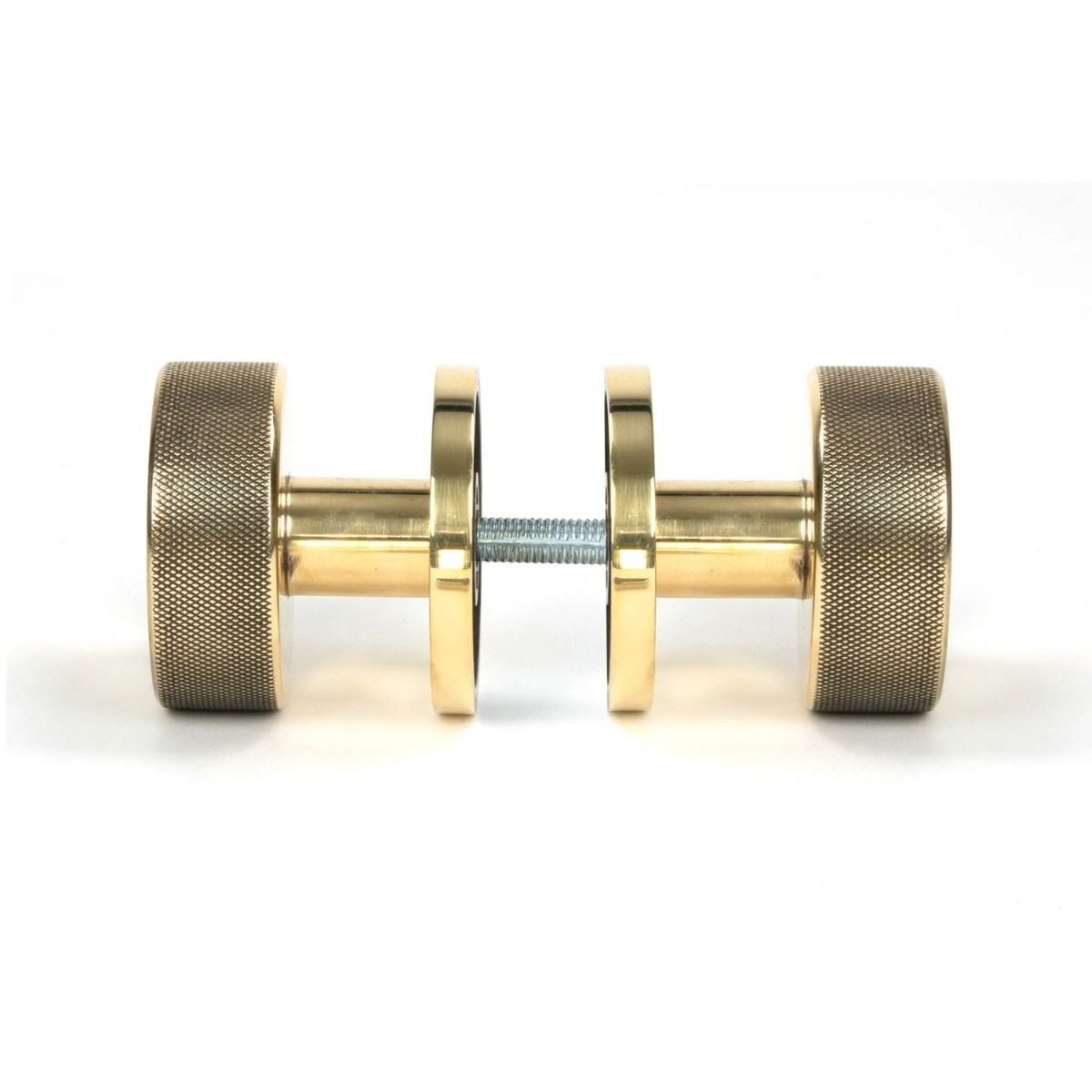 The Aged Brass Knurled Mortice/Rim Knob Set on a Beehive Rose Shown Screwed Together from the Side 