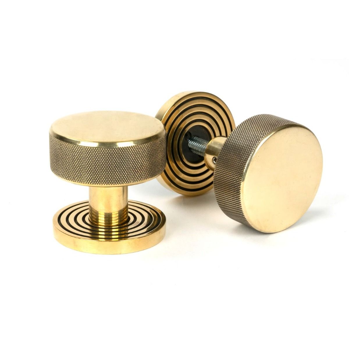 The Aged Brass Knurled Mortice/Rim Knob Set on a Beehive Rose Shown Upright and on its Side 