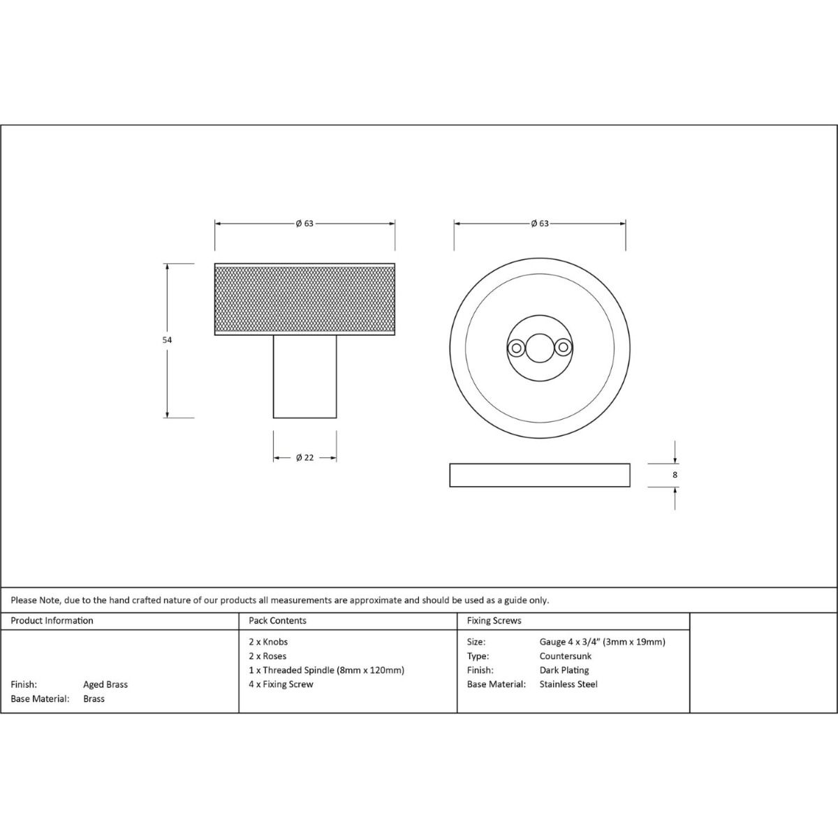 The Aged Brass Knurled Mortice/Rim Knob Set on a Beehive Rose Technical Drawings and Dimensions 