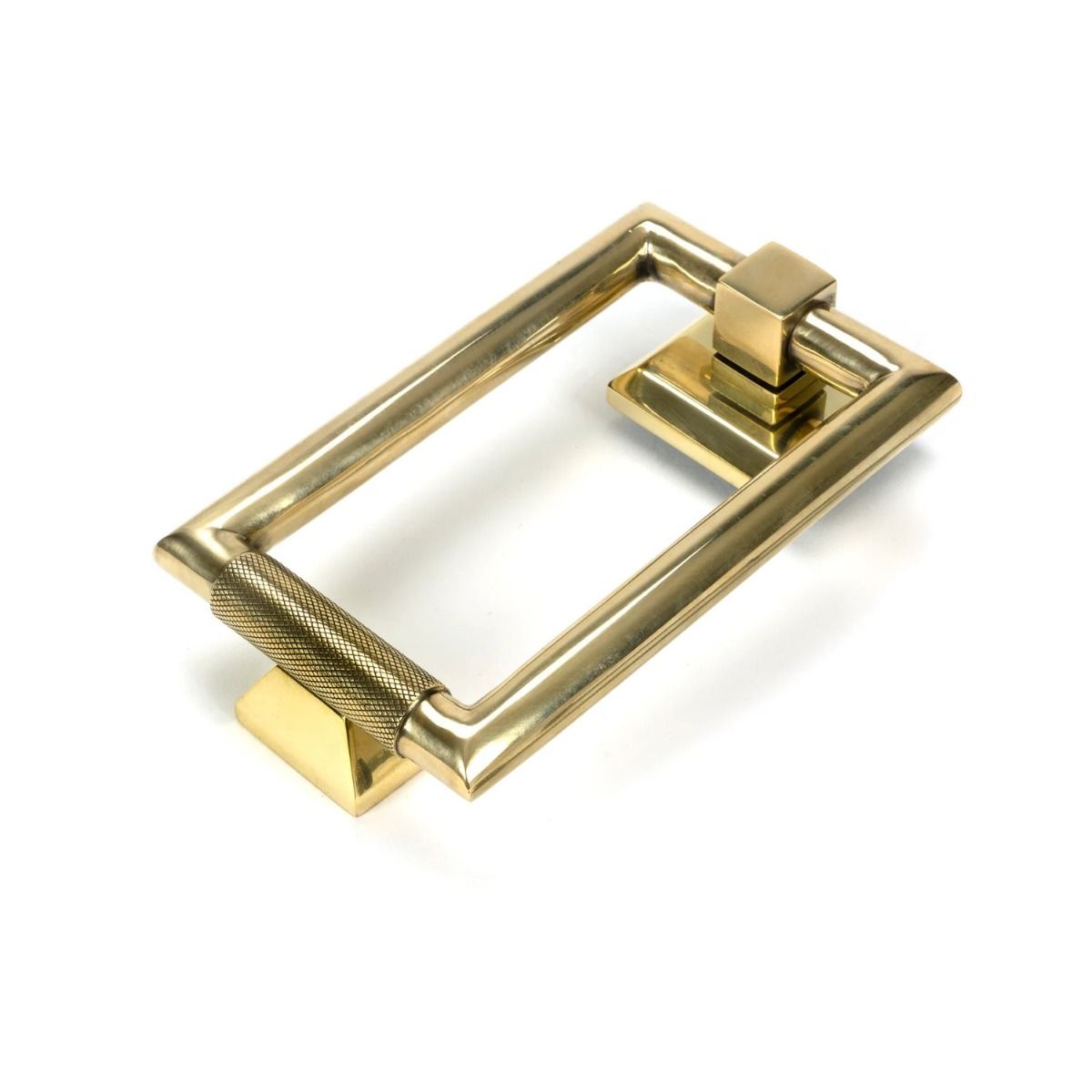 The Aged Brass Modern Knurled Rectangular Door Knocker on a White Background 