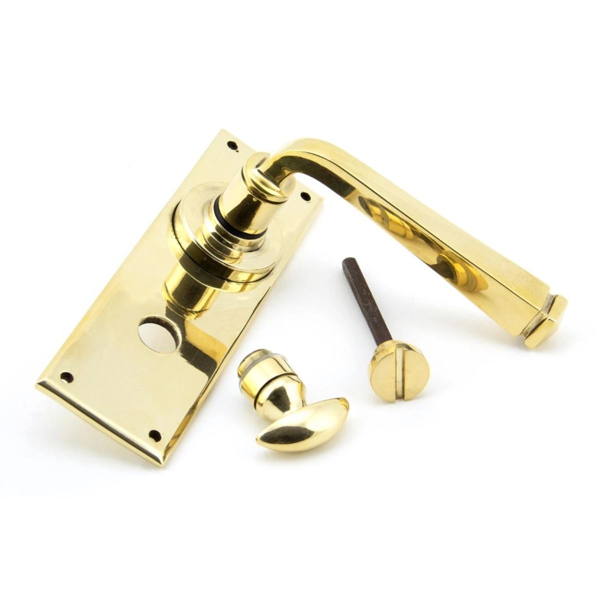 The Aged Brass Sleek Architectural Privacy Suite Bathroom Lever Handles Shown on its Side 