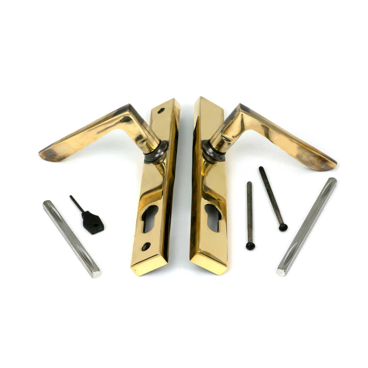 The Aged Brass Slimline Espag Lever Door Handle (92mm Centres) Showing Fixings