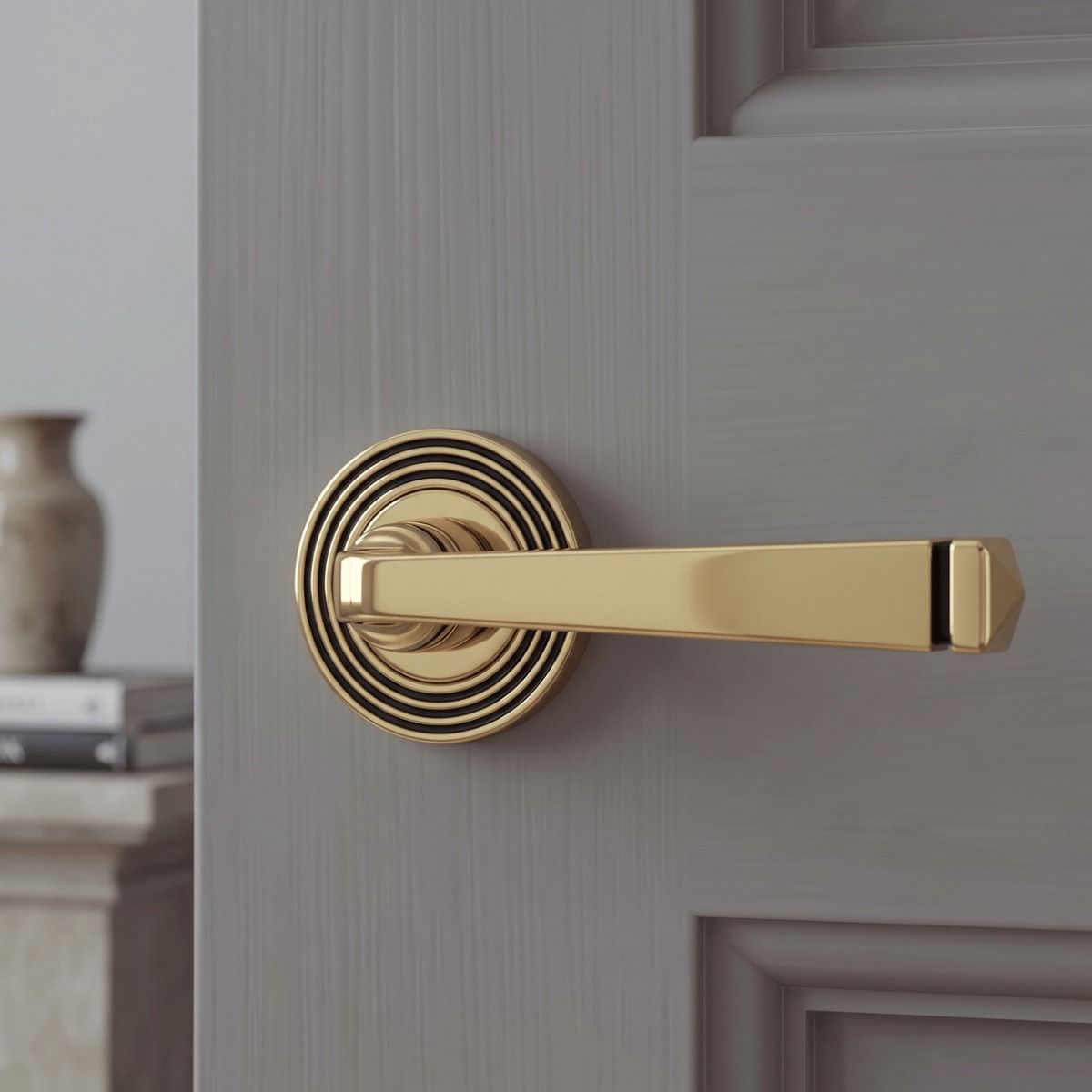 The Aged Brass Tapered Lever on Beehive Rose Set on a Grey Door in a Cosy Ho,e Setting - Digital Illustration