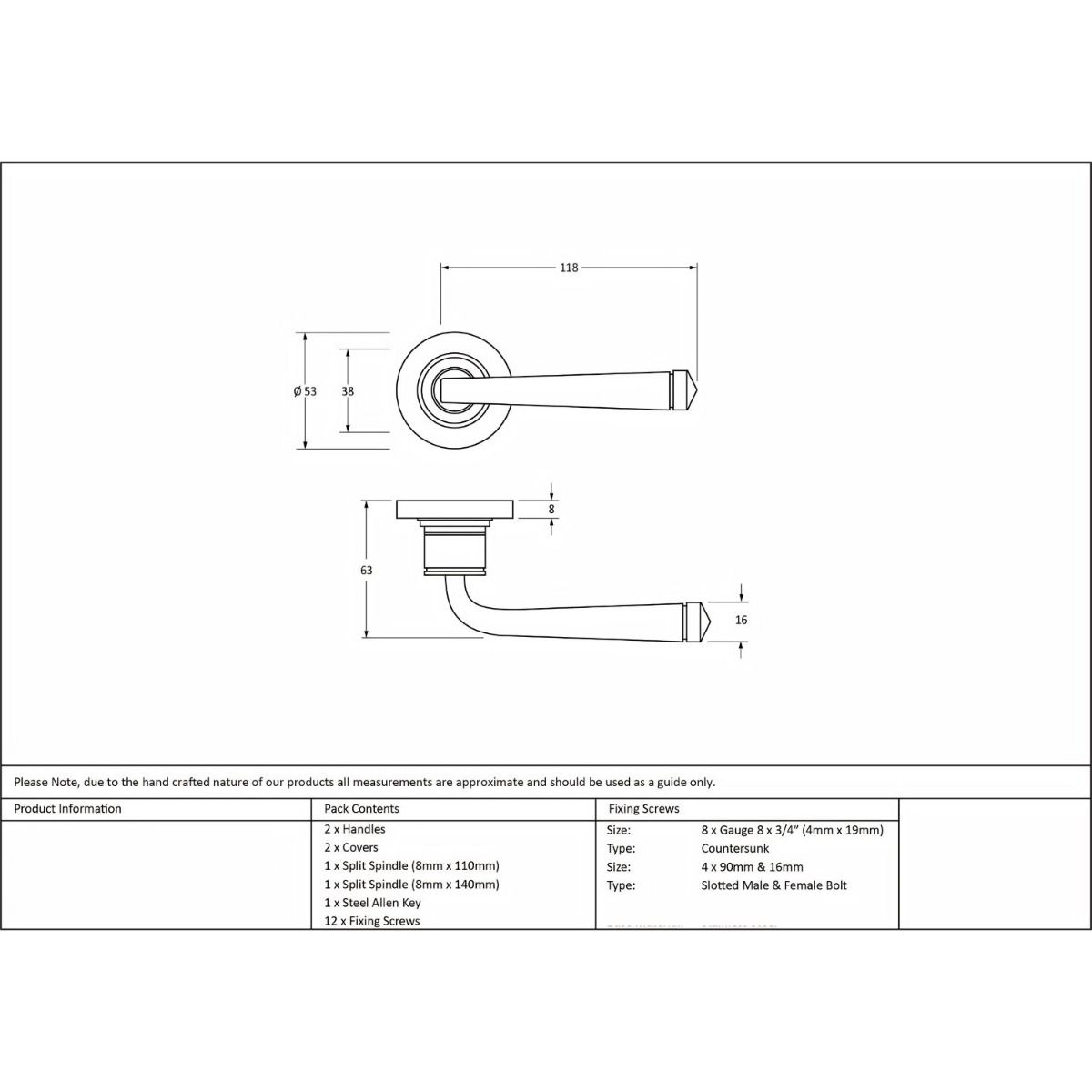 The Aged Brass Tapered Lever on Beehive Rose Set Technical Drawings and Dimensions 