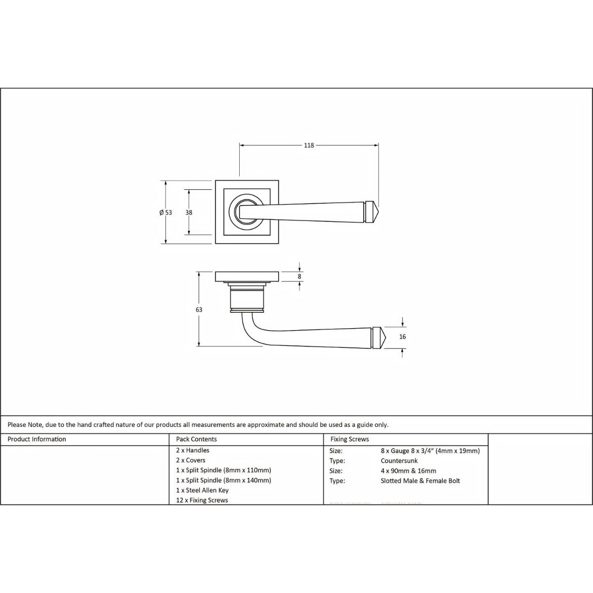 The Aged Brass Tapered Lever on Square Rose Set Technical Drawings and Dimensions 