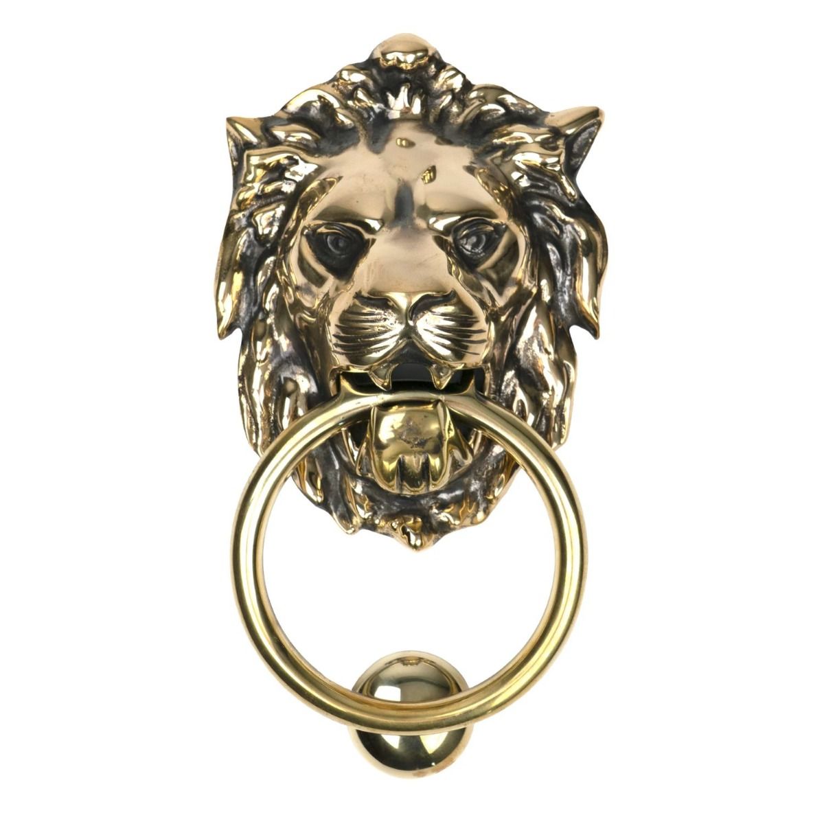 The Aged Brass Traditional Lion"s Head Front Door Knocker on a White Background 