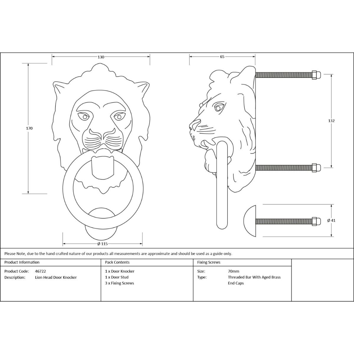 The Aged Brass Traditional Lion"s Head Front Door Knocker Technical Drawings and Dimensions 