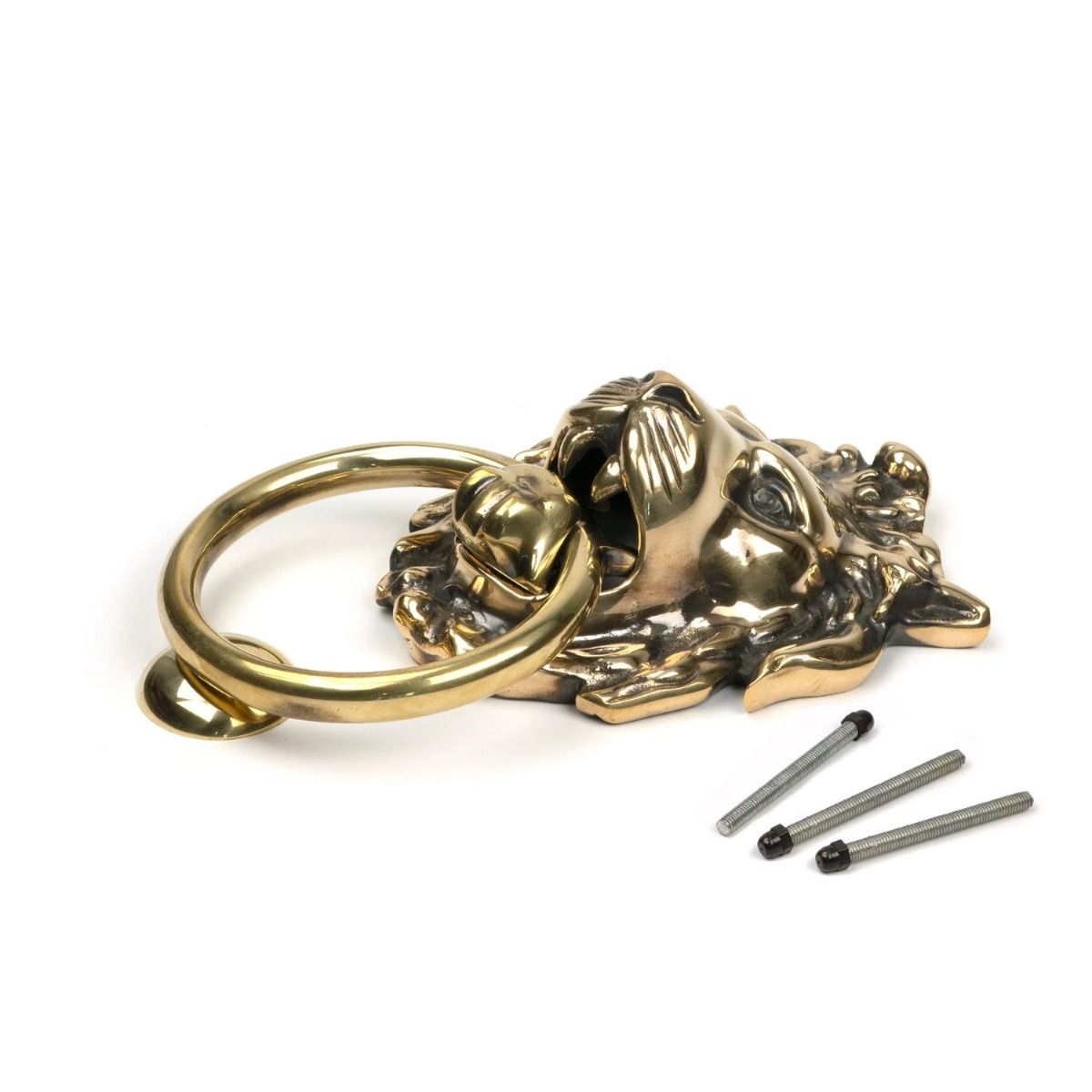 The Aged Brass Traditional Lion"s Head Front Door Knocker on its Side with Bolt Fittings 
