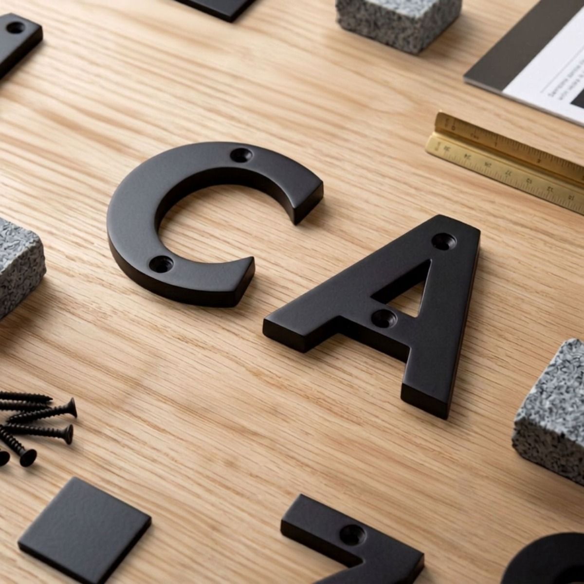 The Aged Bronze 3 Inch Screw Fix Letters on a Work Ready to be Mounted on a Wall - Digital Illustration