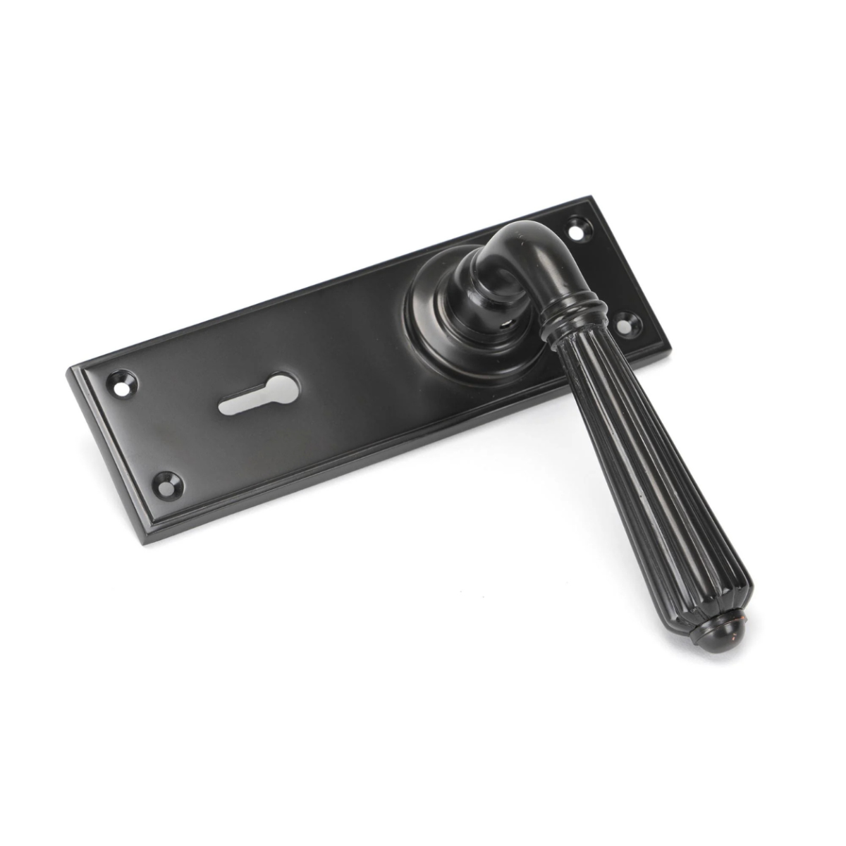 The Polished Nickel Classic Fluted Period Lever Lock Suite Architectural Door Handle Set Shown on its Side