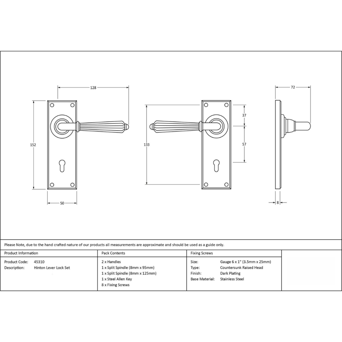 The Polished Nickel Classic Fluted Period Lever Lock Suite Architectural Door Handle Set Technical Drawings and Dimensions