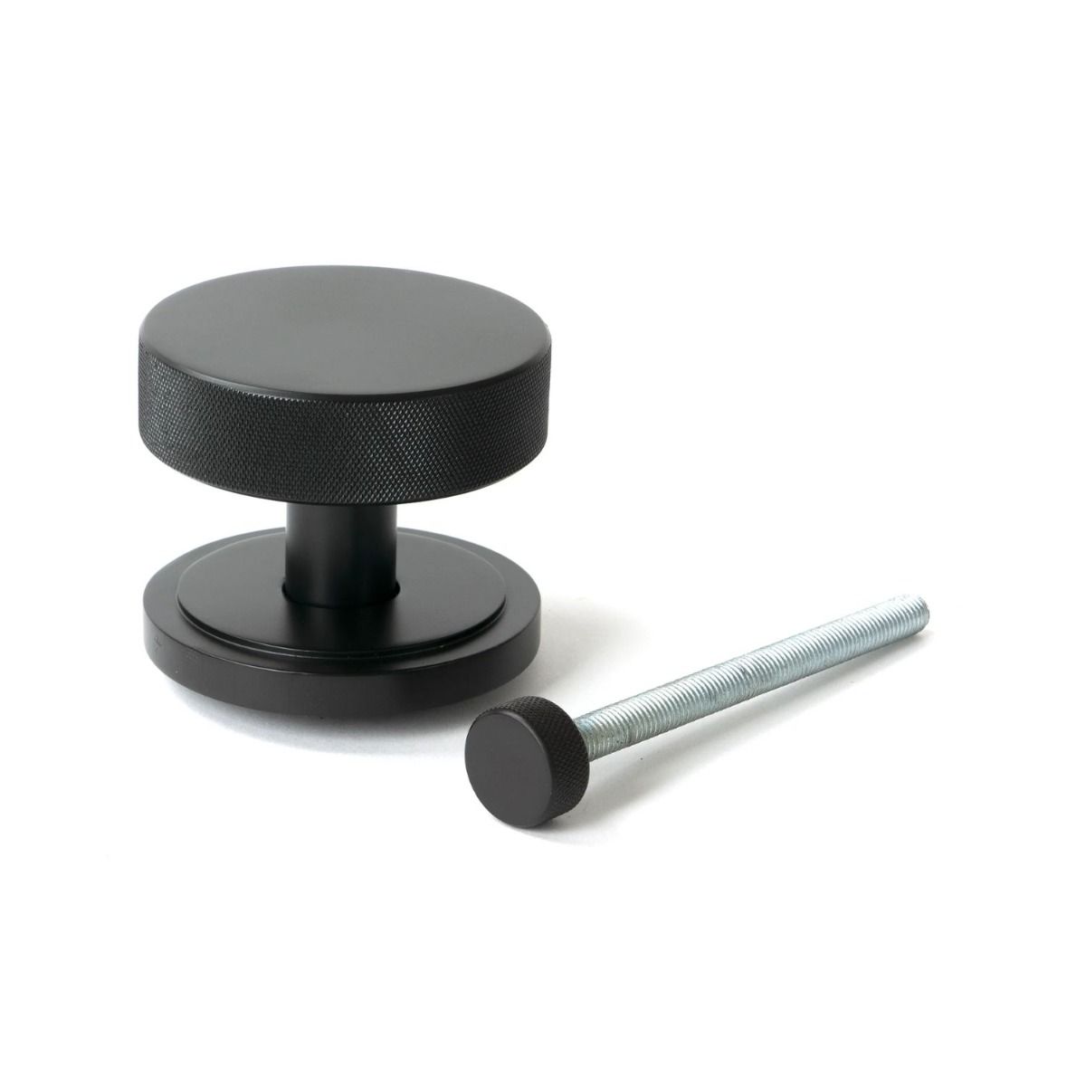 The Aged Bronze Knurled Centre Door Knob on an Art Deco Rose with Bolt Fitting 