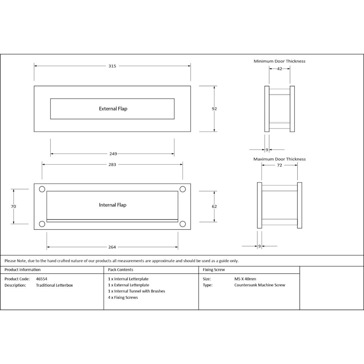 The Aged Bronze Traditional Sleeved Door Letterbox Set Technical Drawings and Dimensions 