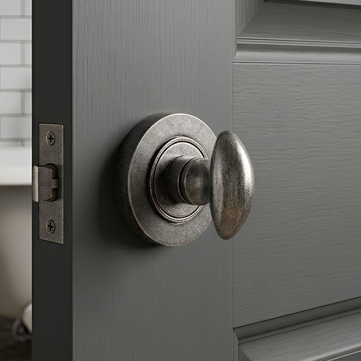 The Aged Pewter Concealed Thumbturn Set with Plain Cover on a Grey Door Leading to a Bathroom - Digital Illustration