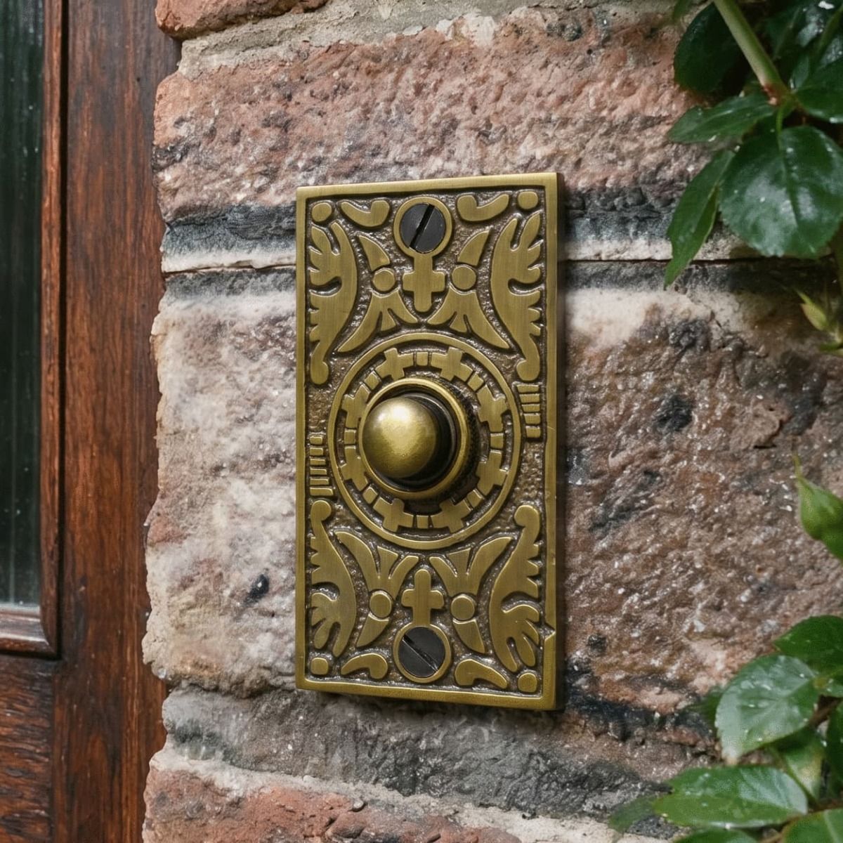 The “Anderson” Antique Brass Rectangle Pattern Bell Push next to a Wooden Front Door with A Rose Plant in Shot - Digital Illustration