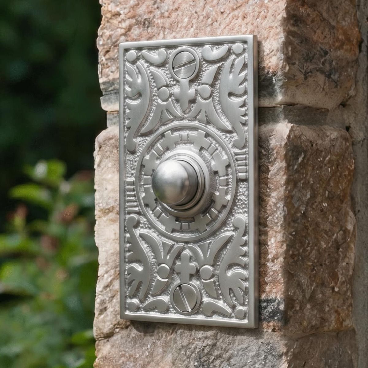 The “Anderson” Satin Chrome Rectangle Pattern Bell Push on A Brick Stone Wall at a House Entrance - Digital Illustration