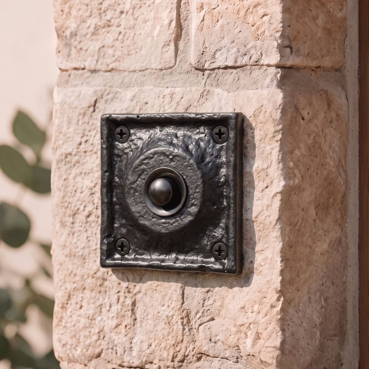The Antique Black Iron Square Design Front Door Bell Push on a Rose Coloured Stone Wall next to a Front Door - Digital Illustration 