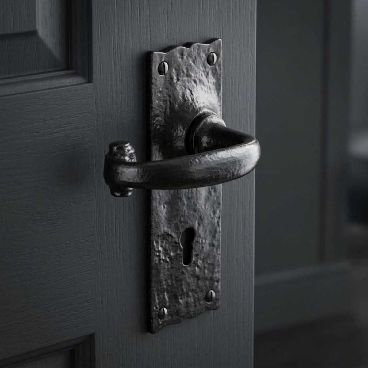 The Antique Black Lever Lock Keyhole Handle on a Navy Blue Door in a Modern Home Interior - Digital Illustration