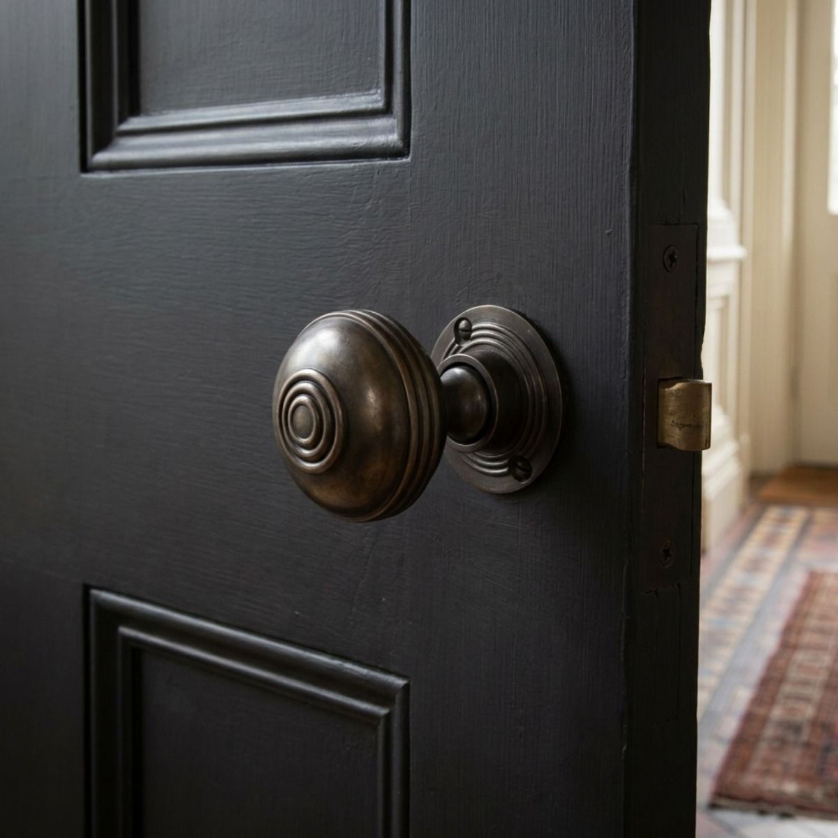 The Antique Bronze Ridged Door Knob Set on a Dark Charcoal Coloured Door in an Entrance Hallway - Digital Illustration