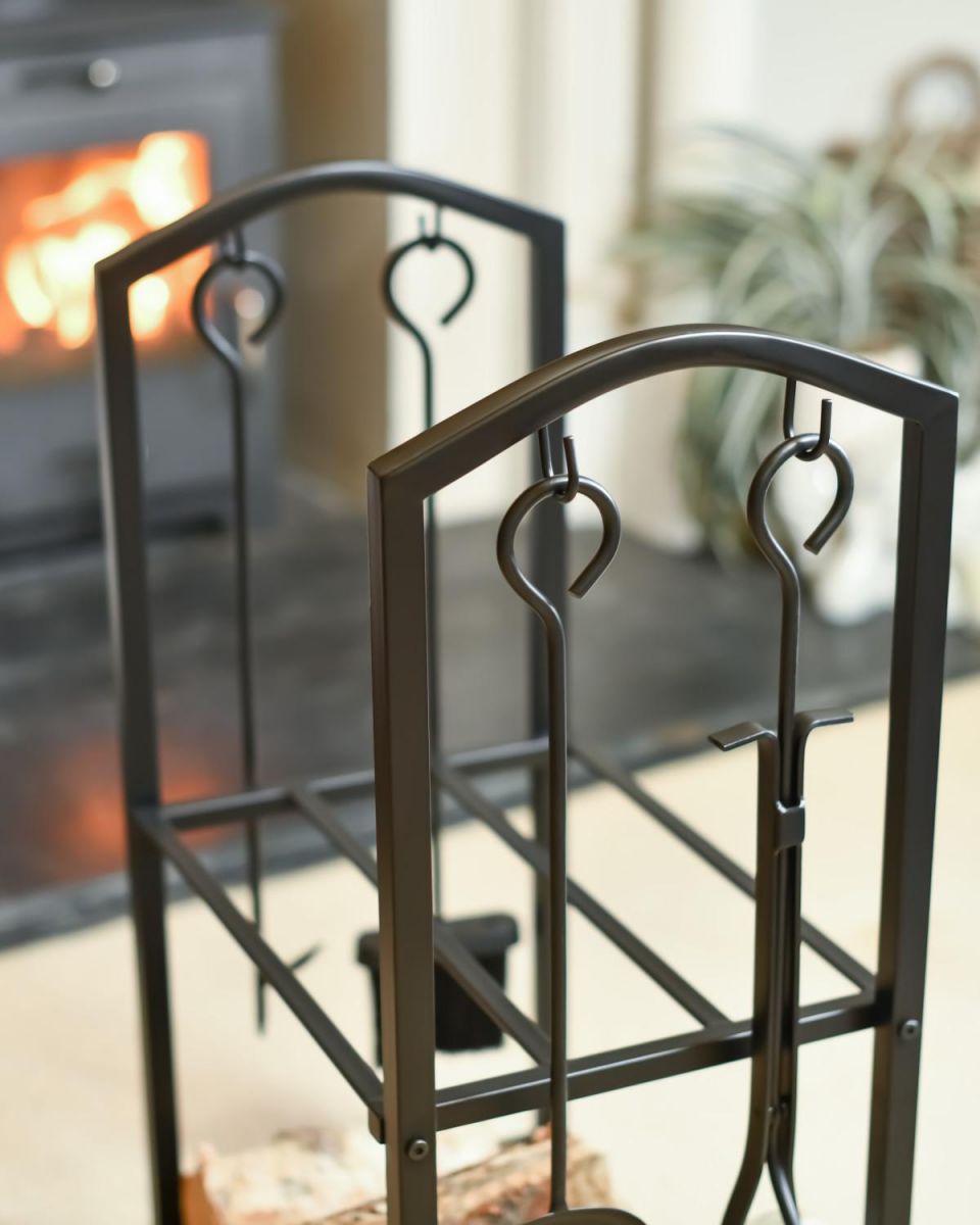 Close Up Of "The Arcus" Complete Fireside Companion In A Fireplace Setting