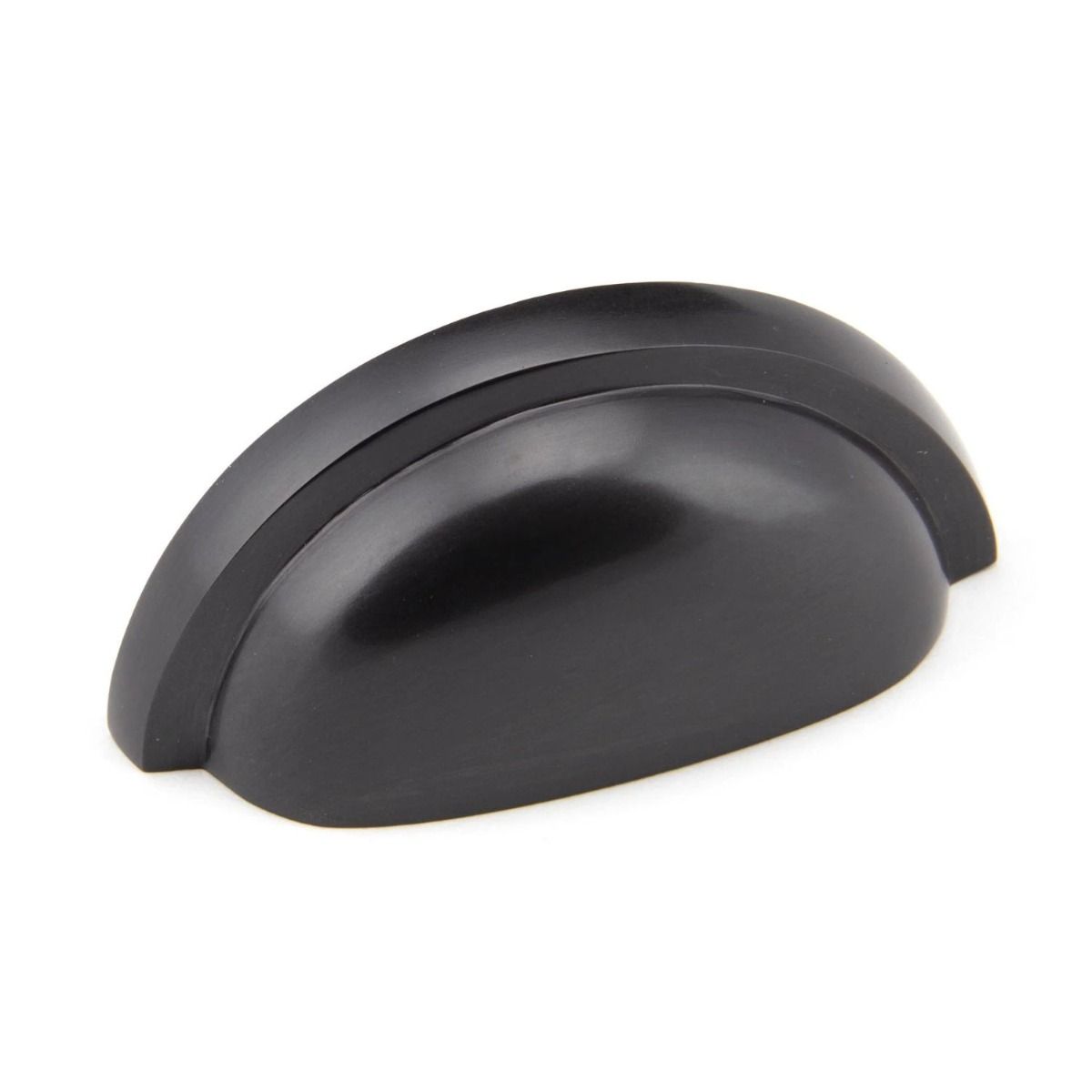 The Art Deco Concealed Cup Drawer Pull in Aged Bronze on a White Background 