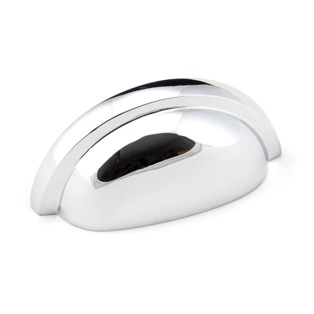 The Art Deco Concealed Cup Drawer Pull in Polished Chrome on a White Background 