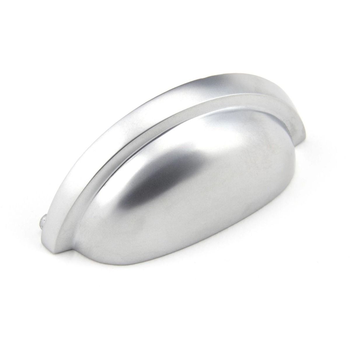 The Art Deco Concealed Cup Drawer Pull in Satin Chrome on a White Background 