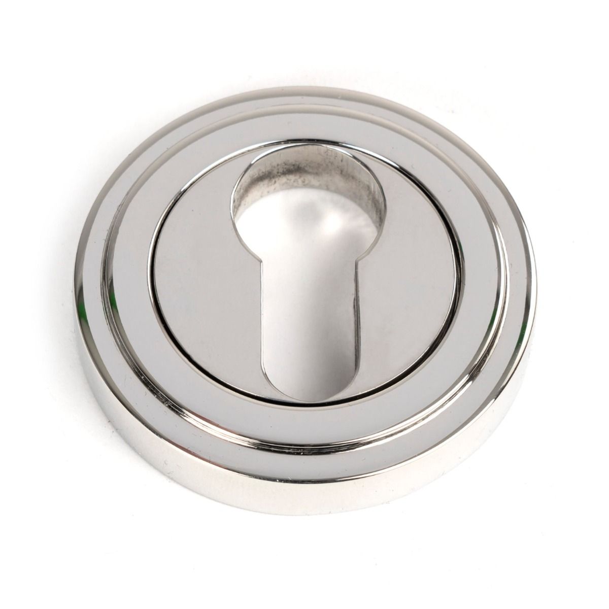 The Art Deco Concealed Euro Keyhole Escutcheon in Polished Stainless Steel Shown on a White Background