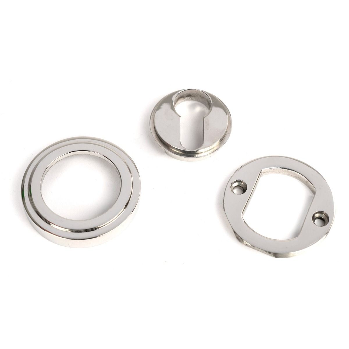 The Art Deco Concealed Euro Keyhole Escutcheon in Polished Stainless Steel Shown with all Components on a White Background