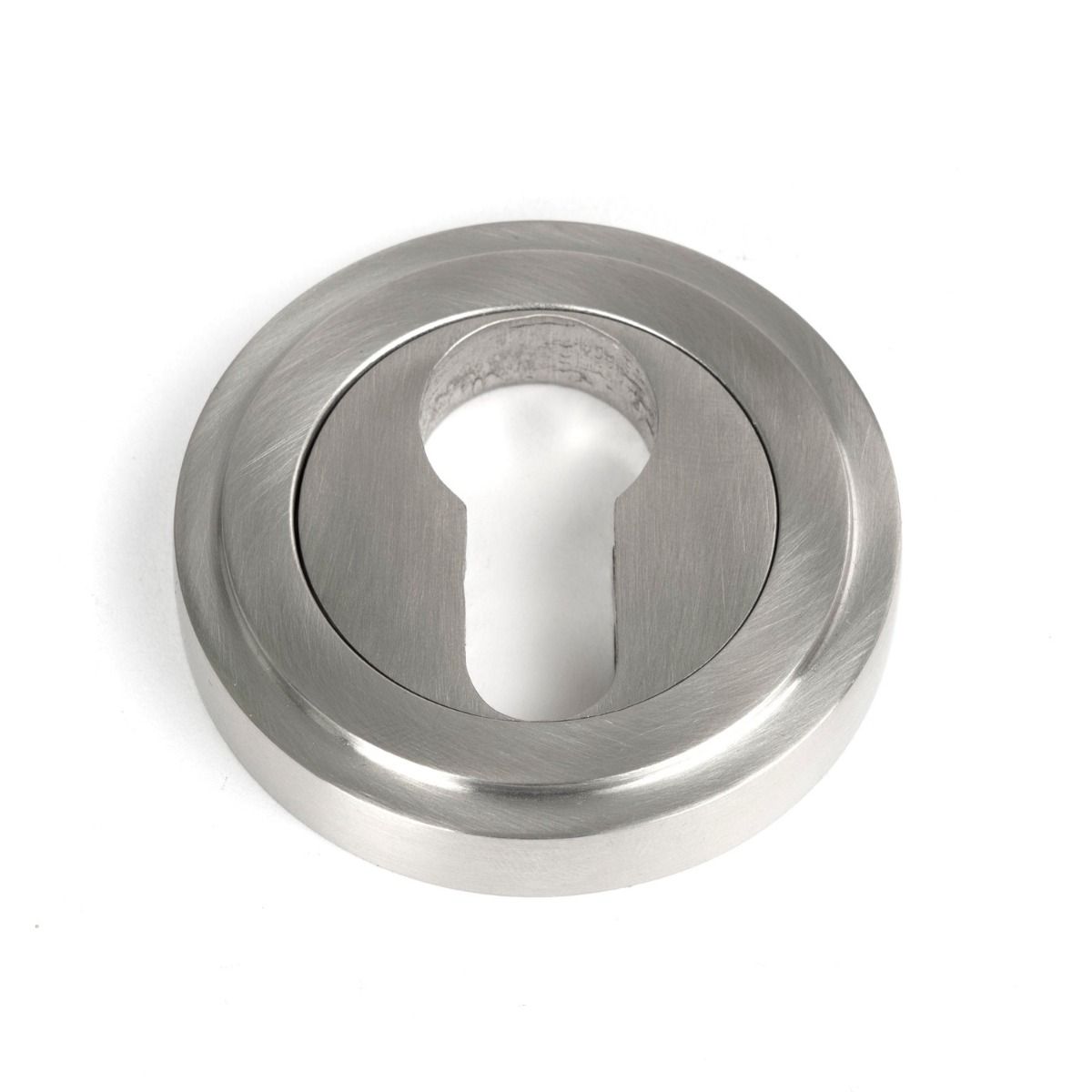 The Art Deco Concealed Euro Keyhole Escutcheon in Satin Stainless Steel Shown on a White Background