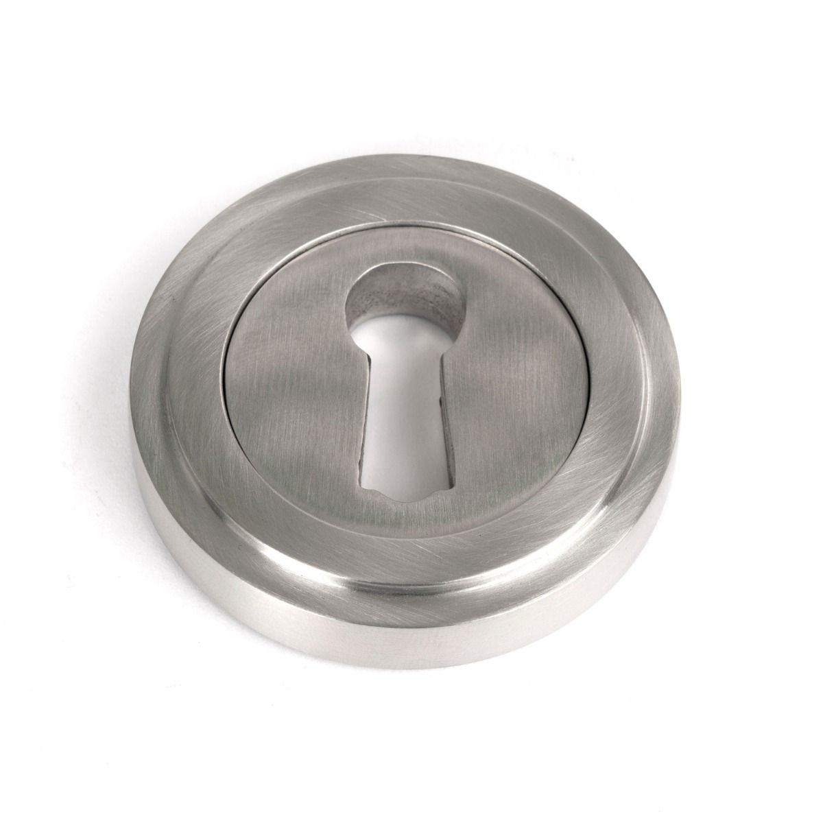The Art Deco Concealed Standard Keyhole Escutcheon in Satin Stainless Steel Shown on a White Background